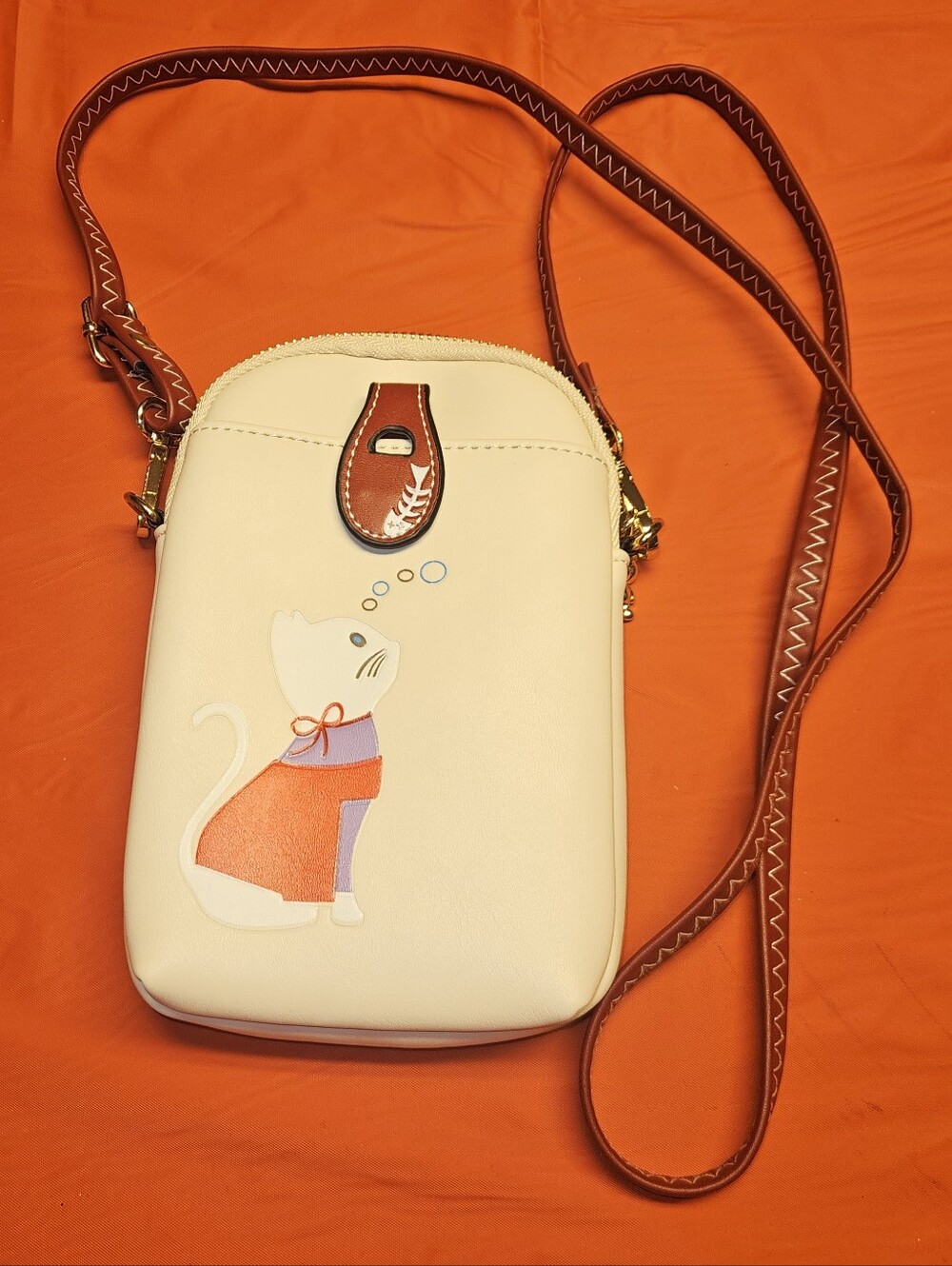 Crossbody Phone Bag with Cat Motif Cream Colored w/Red Strap & Gold Tone Accents